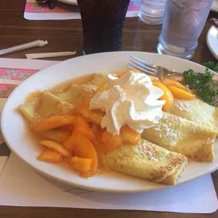Fresh peaches are back! Fresh peach waffles, crepes, and shortcake are all available with fresh made whip cream!