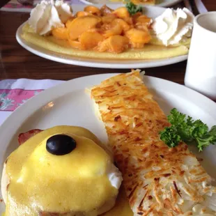 Eggs Benedict and peach crepes!