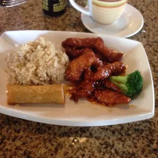 Generals chicken with brown rice.  Lunch portion. Cooked fresh. No steam table.