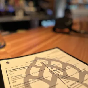 a menu and a glass of wine