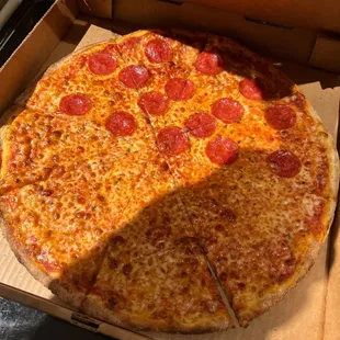 Pizza half pepperoni half Cheese Pizza