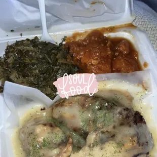 Smothered Chicken, Yams and Greens.