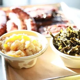 Peach cobbler, greens, ribs, sausage