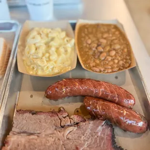 Brisket, sausage, beans, mac