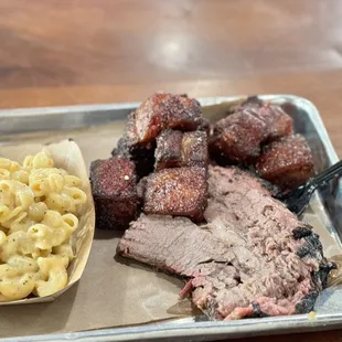 Bacon Burnt ends, brisket and Mac and cheese