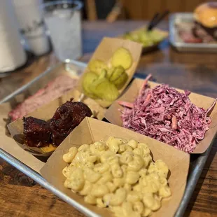 Bacon Burnt Bits, Brisket, Green Chile Mac, Coleslaw