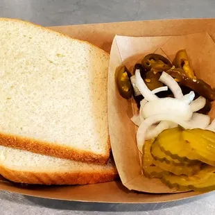 White Bread, Pickles, Onions,  Jalapeños