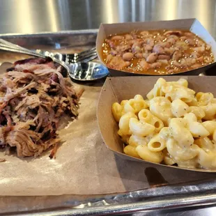 Pulled pork, pinto beans, mac-n-cheese