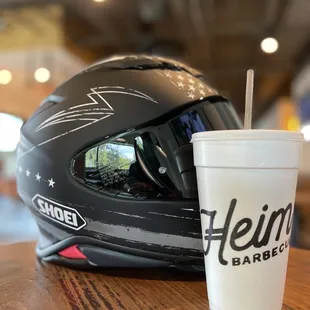 a helmet and a drink