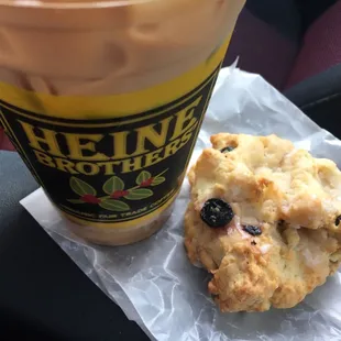 Lemon blueberry scone with iced vanilla latte