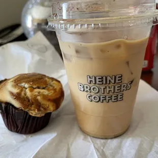 Pumpkin cream cheese muffin and iced beekeeper latte