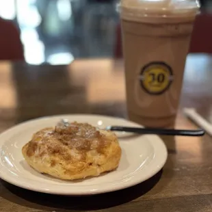 Scone Cinnamon Struessel and large Iced Mocha with oat milk and light ice