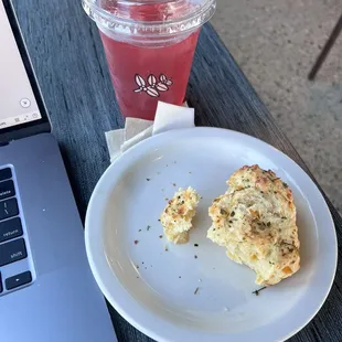 Scone Cheddar Chive. Iced Lemongrass Hibiscus