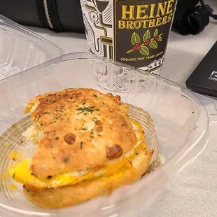 I guess I should taken the pic 1st then taken a bite :) Bacon, egg and cheddar biscuit with black coffee.