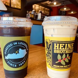 Cold Brew Iced Coffee and Iced Turmeric Chai Latte with a shot of espresso