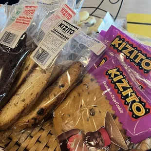 a basket of cookies, cookies, and other snacks