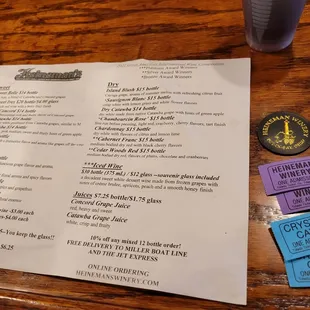 the menu for the wine tasting