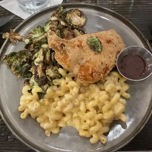 Brined chicken with pimento mac n cheese and maple roasted brussel sprouts