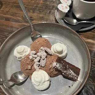 Chocolate mousse, brownie, pecans and whipped cream!
