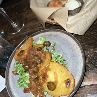 Fried Green Tomatoes with candied jalapeños and pork belly