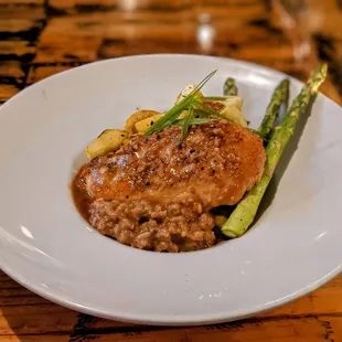 Chicken Marsala w/ mushroom risotto, squash and asparagus