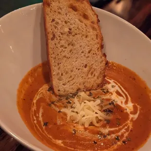 Tomato bisque.... Very flavorful but way too cheesy