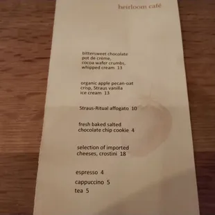 Dessert menu