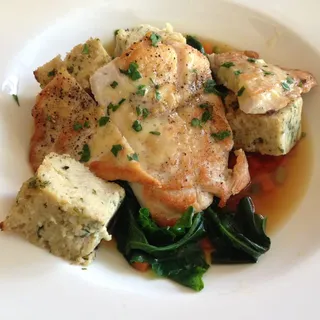 Hoffman Chicken Breast, Herb Bread Pudding, Parmesan Broth, Mirepoix
