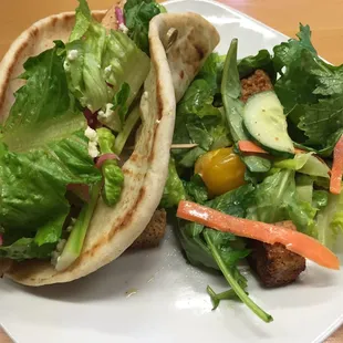 Gyro: Ohio Free-Range Roasted Chicken on Warm Pita Bread with Green Goddess Dressing, Romaine, Cucumber, Pickled Red Onion, Feta