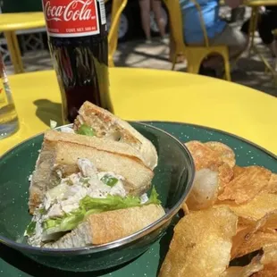 Smoked chicken salad sandwich, fresh hot potato chips