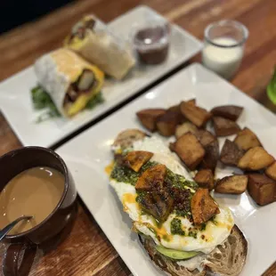 Avocado toast, breakfast burrito