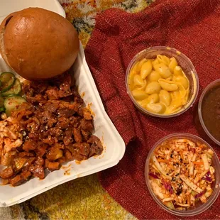 Korean pulled pork, kimchi slaw, bbq beans and smoked Mac and Cheese.