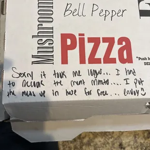Pizza box with apology