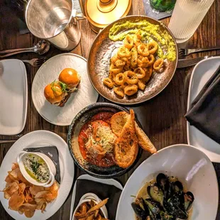 HH spread (clockwise)- $10: Crispy Calamari, Wagyu meatballs, Moules Fries(mussels/fries), French onion dip, Short rib sliders.