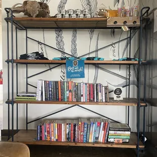 Mini free library to sit and sip for a few hours