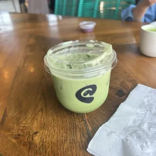 Iced matcha with peach sage syrup