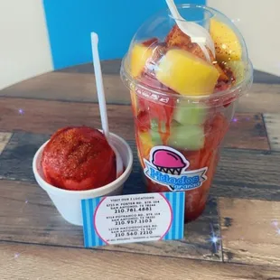 Fresh Fruit Cups, A Scoop of Shaved Watermelon Ice.