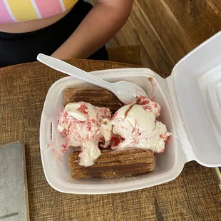 Churro and strawberry cream cheese ice cream