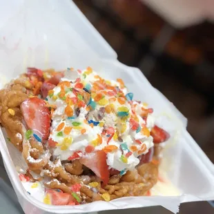 Funnel cake with fruity pebbles ice cream