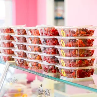 a display of strawberries