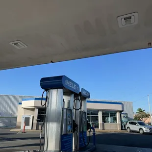 Outside, gas pumps area