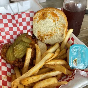 Chicken sandwich (hot), fries and a drink