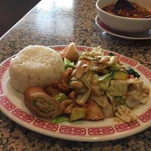 Almond Chicken with rice and spring roll