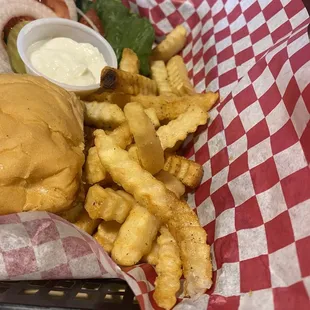 a basket of fries and a burger