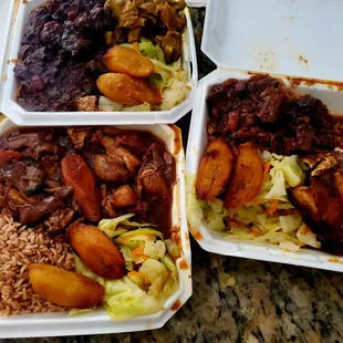 Top oxtail and curried goat. Mid level jerk and oxtail. Bottom brown stew chicken.