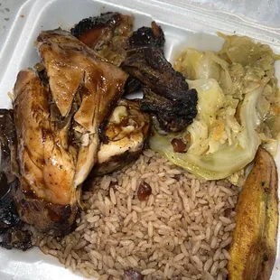 I got the small jerk chicken it had absolutely no flavor. The rice was dry and the cabbage was soggy.