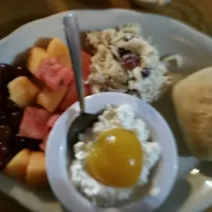 Summer platter! Fresh fruit, cottage cheese w/peaches ,homemade chicken salad....best around