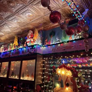 christmas decorations on the ceiling