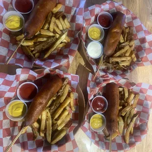 Hand dipped corndogs with hand, cut fries