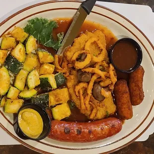 Sampler Platter - I chose the Jäger Schnitzel &amp; Bratwurst  with Sautéed Squash &amp; Kroketten ($19)  07-05-2023
